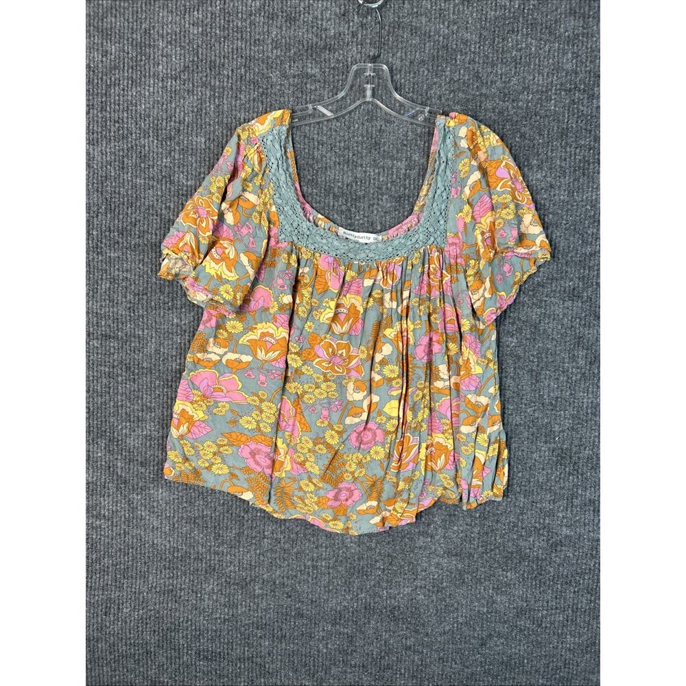 Rusttydustty Womens Bohemian Floral Blouse Top Sz 0XL Hippie Square Neck Peasant